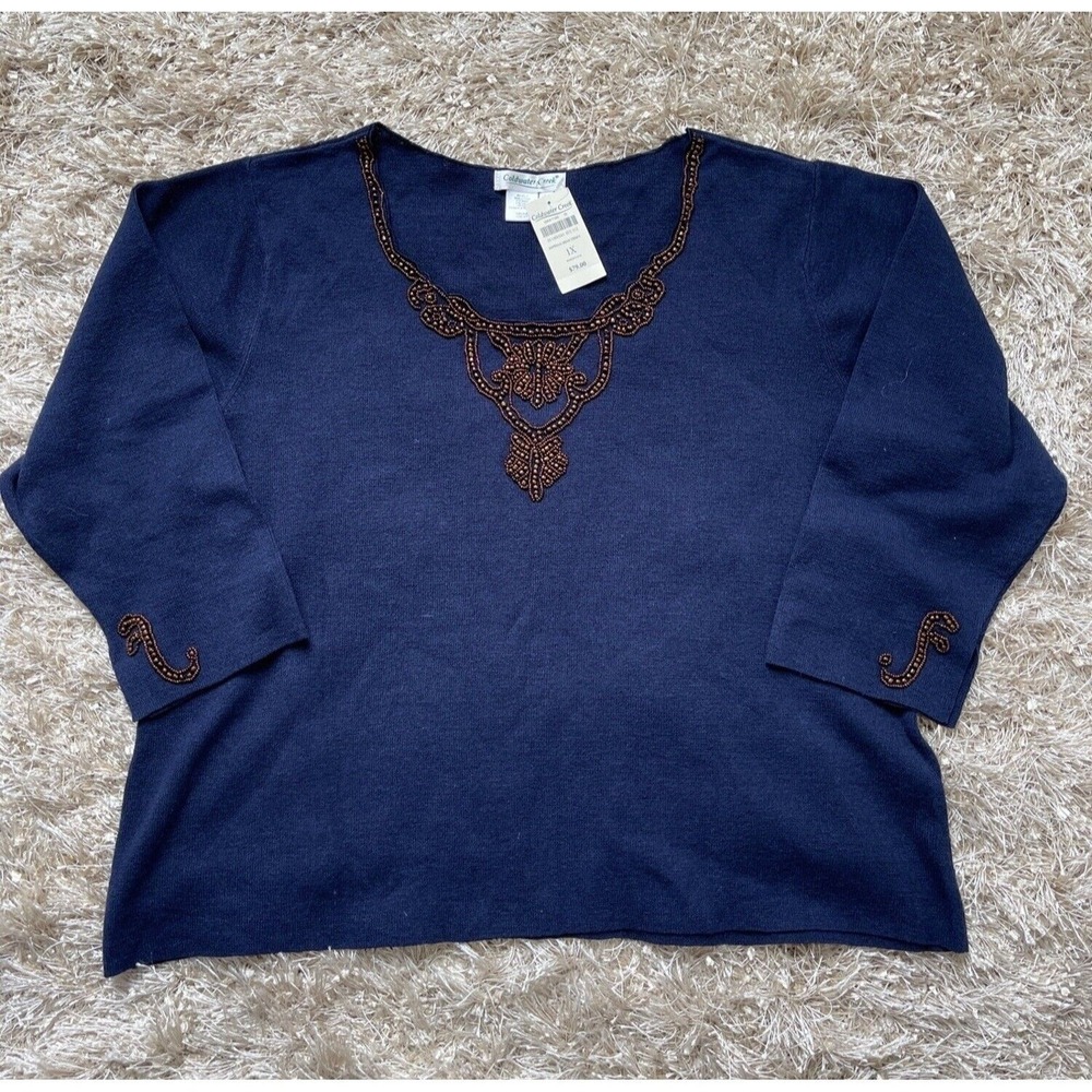 Coldwater Creek Sweater Womens‎ 1X Beaded V Neck Imperial Knit Navy Blue New